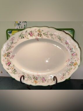Vintage Floral Scalloped Porcelain Serving Platter with Pink & Yellow Blossoms